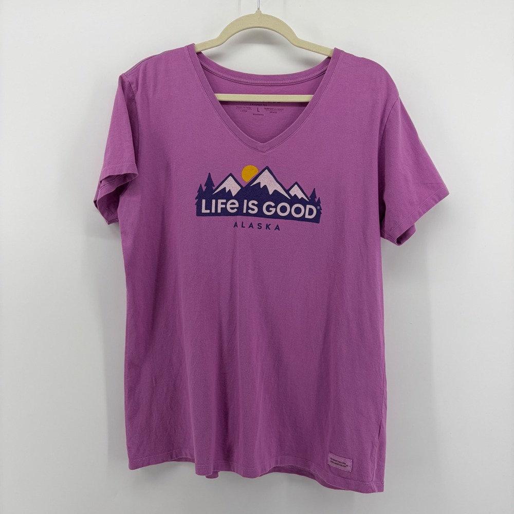 Life is Good Womens L Crusher Tee Alaska Mountains‎ Sun V Neck Purple Cotton